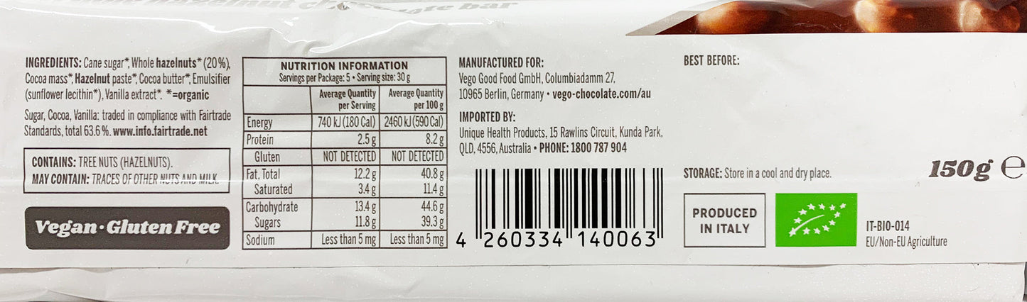 Vego Whole Hazelnut Chocolate Bar 150g