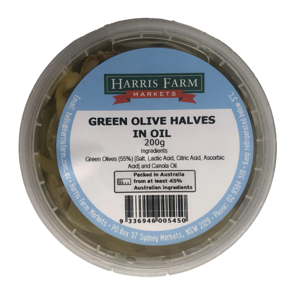 Harris Farm Green Olive Halves In Oil 200g