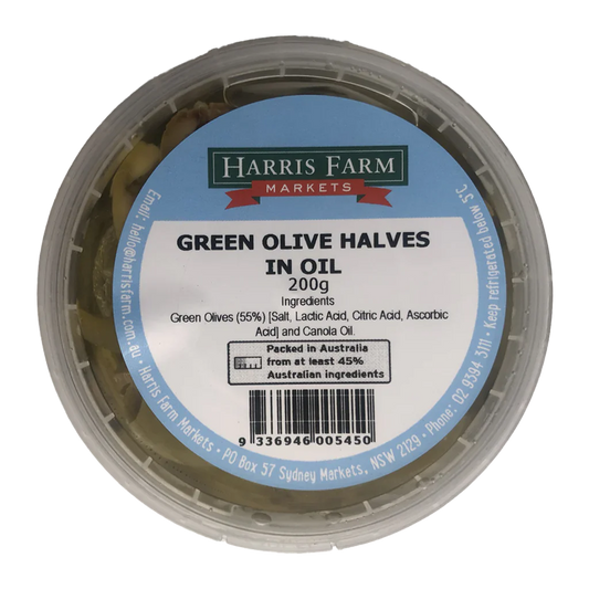 Harris Farm Green Olive Halves In Oil 200g