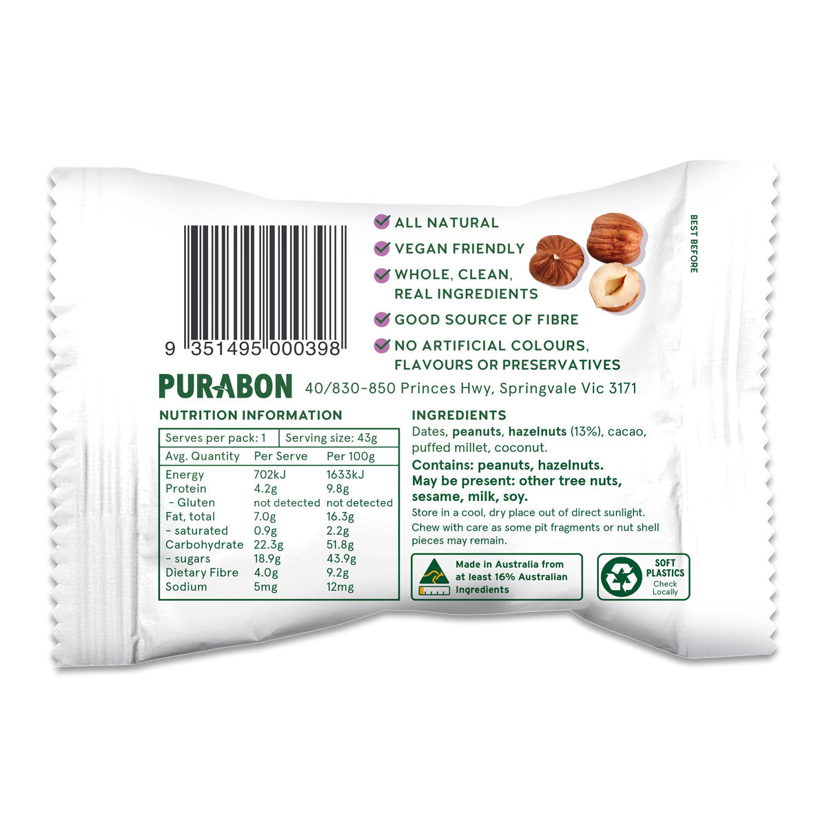 Purabon Wholefood Ball Hazelnut Cacao 43g | Harris Farm Online