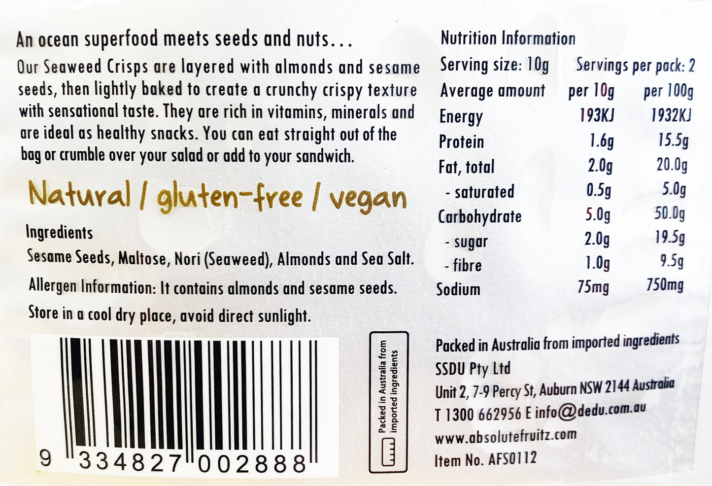 Absolutefruitz Seaweed Crisps with Almond 20g