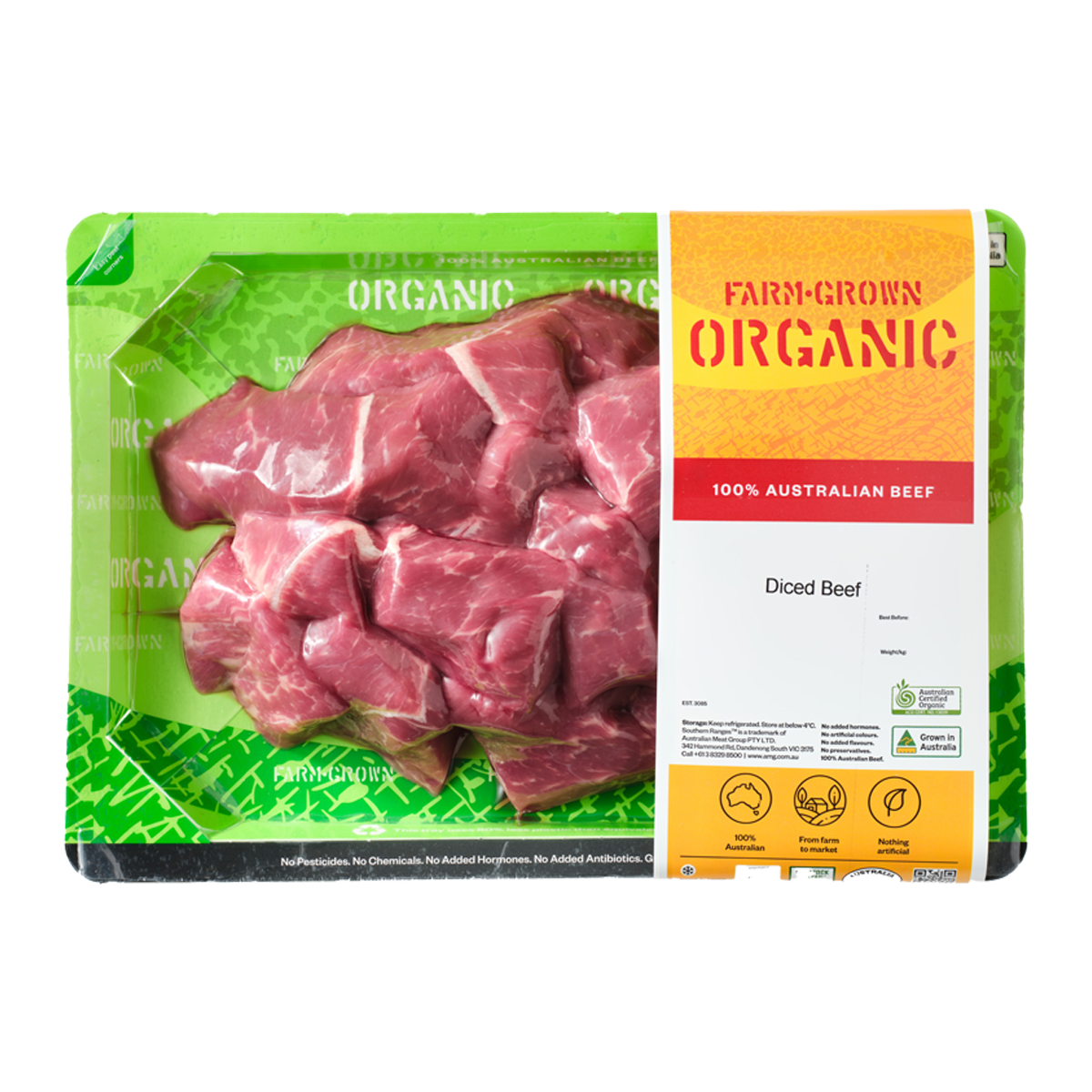 Farm Grown Organic Beef Diced 400-500g