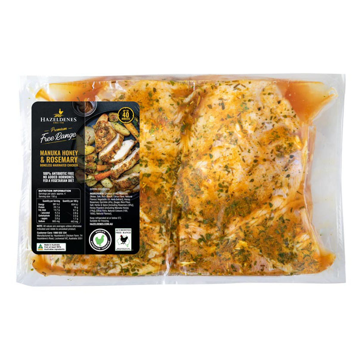 Hazeldenes Free Range Boneless Marinated Chicken Manuka Honey and Rosemary 800g-1.2kg