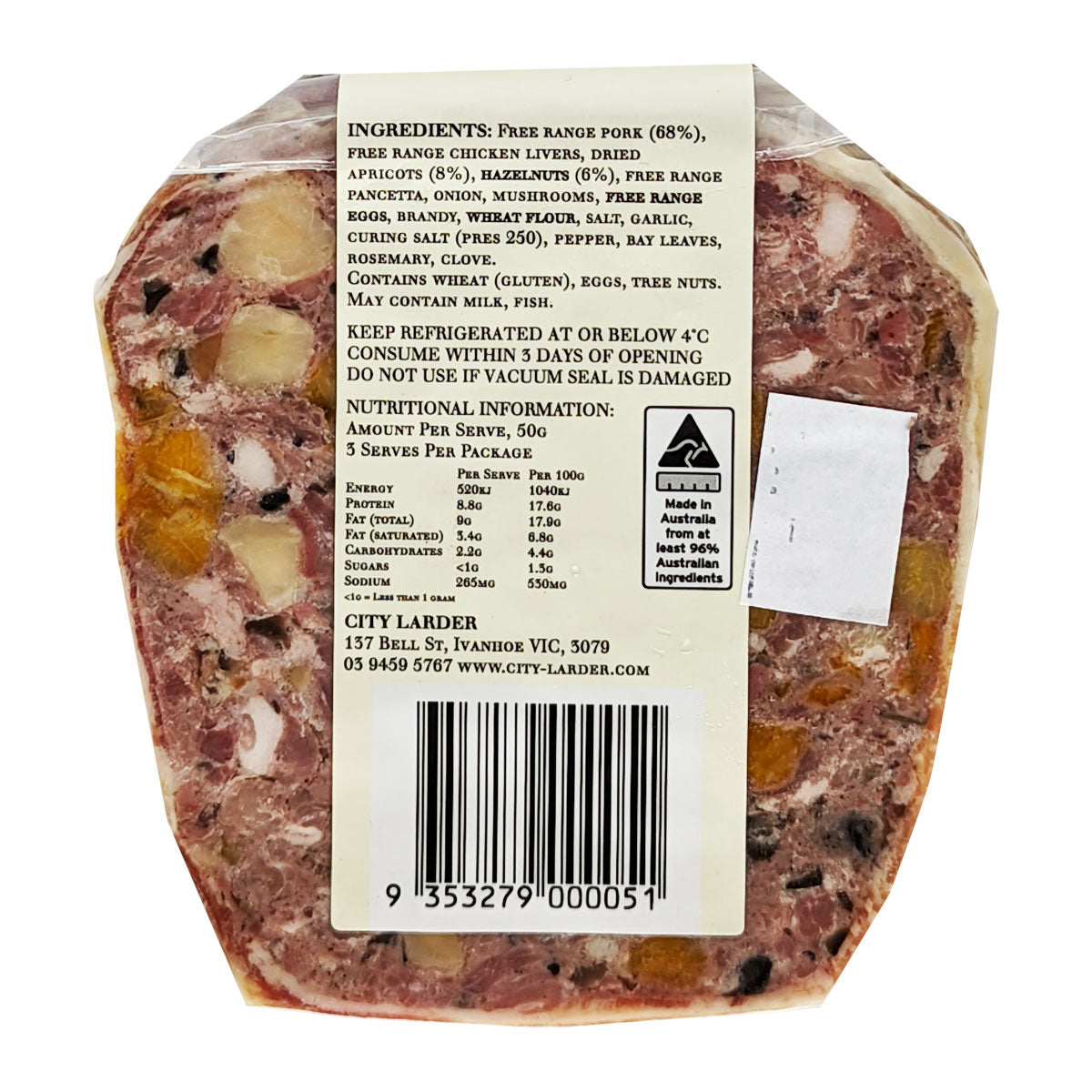 City Larder Terrine Free Range Pork Hazelnut and Apricot 150g | Harris Farm Online 