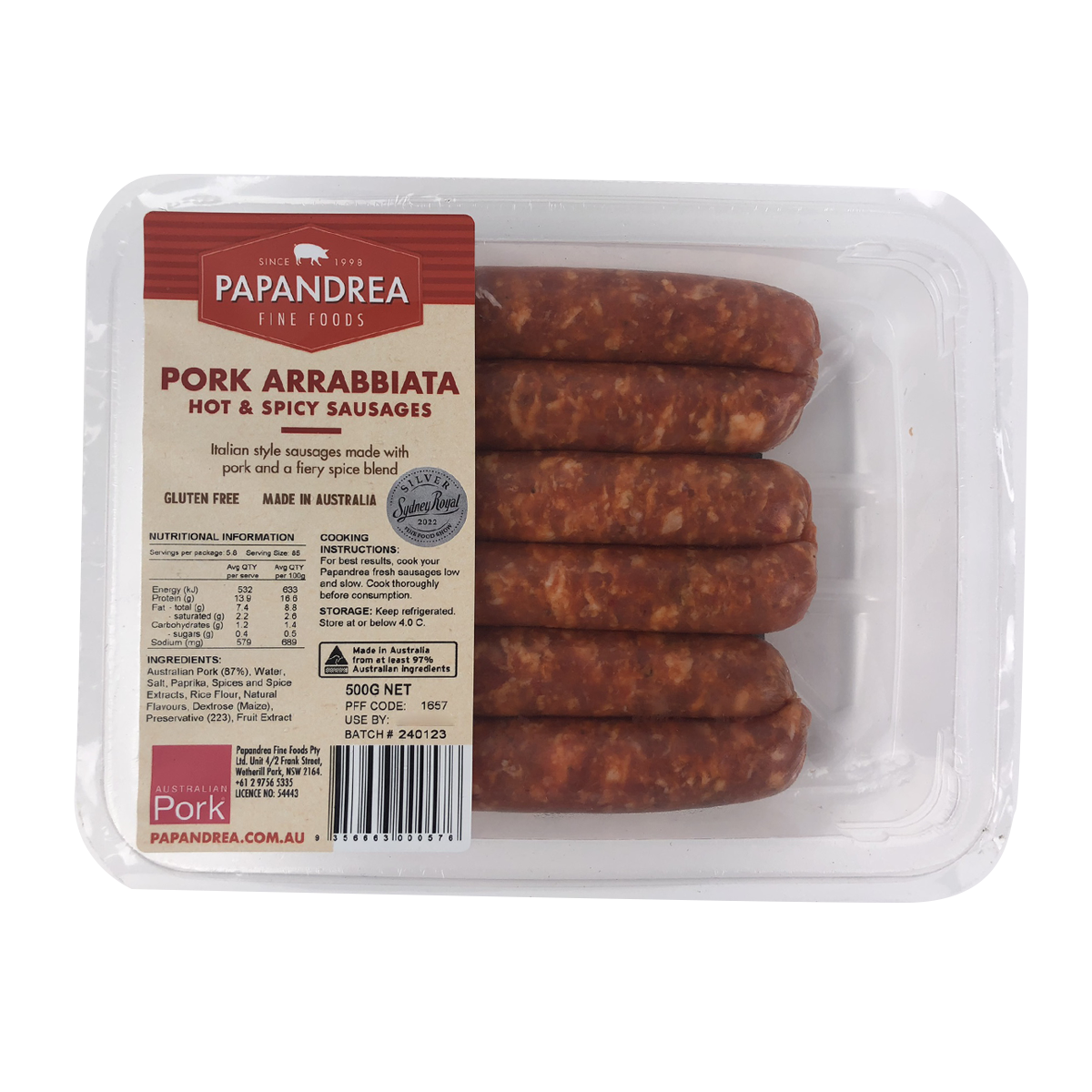 Papandrea Fine Foods Pork Arrabbiata Sausages 500g