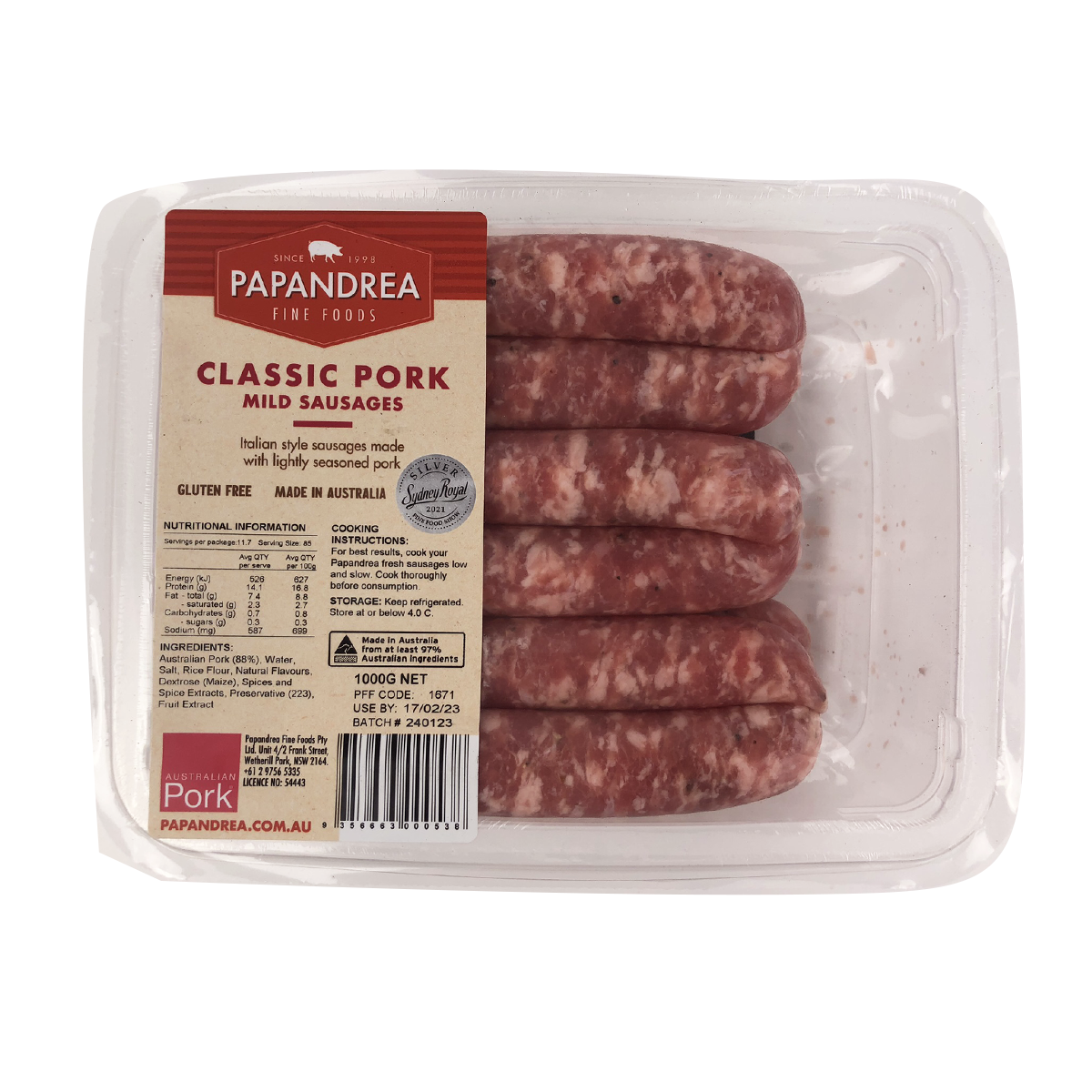 Papandrea Fine Foods Classic Pork Sausages 1kg