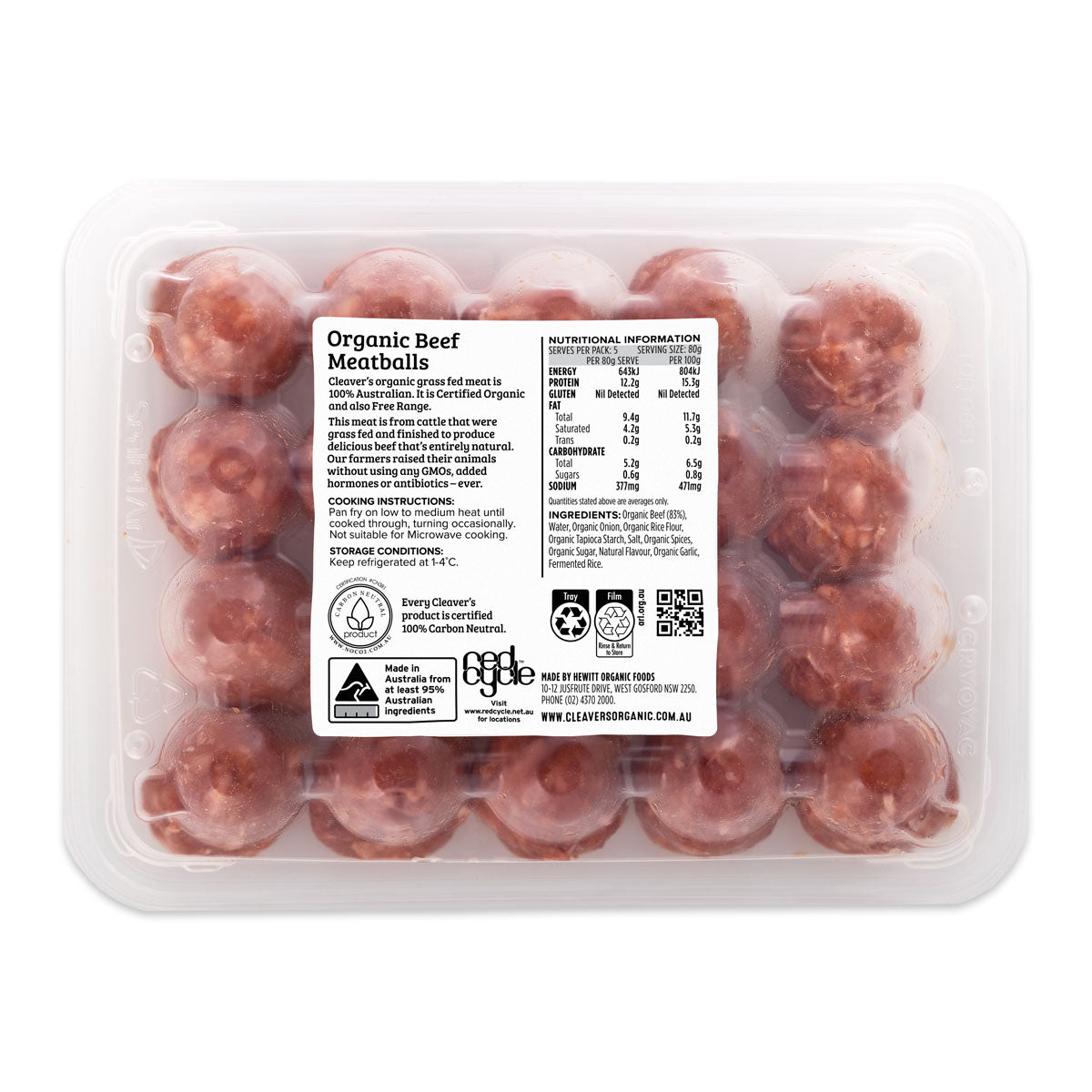 Cleaver's Organic Free Range and Grass Fed Beef Meatballs 400g | Harris Farm Online