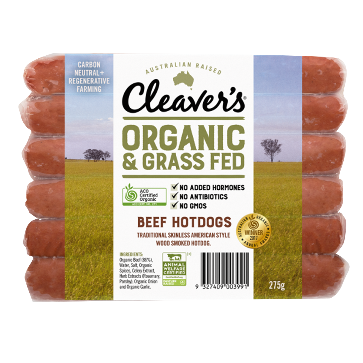 Cleaver's Organic Free Range and Grass Fed Beef Hotdog 275g