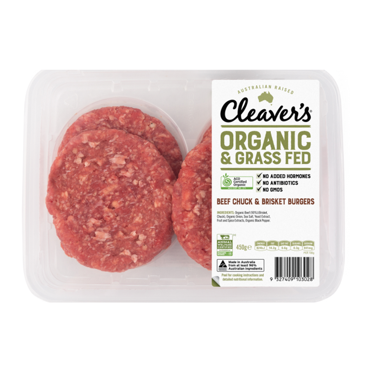 Cleaver's Organic Free Range and Grass Fed Beef Chuck and Brisket Burgers x4 450g