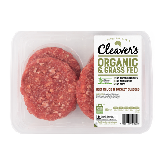 Cleaver's Organic Free Range and Grass Fed Beef Chuck and Brisket Burgers x4 450g