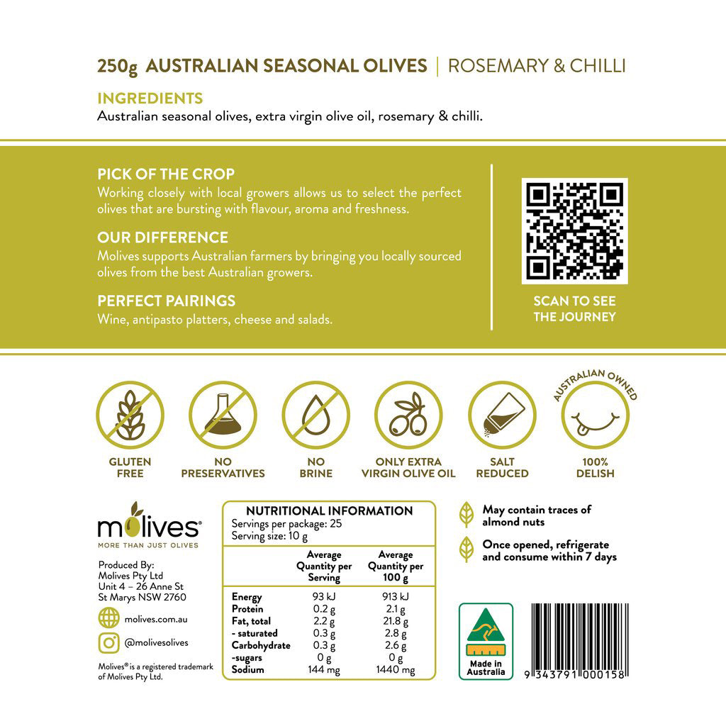 Molives Australian Seasonal Olives Rosemary and Chilli 250g