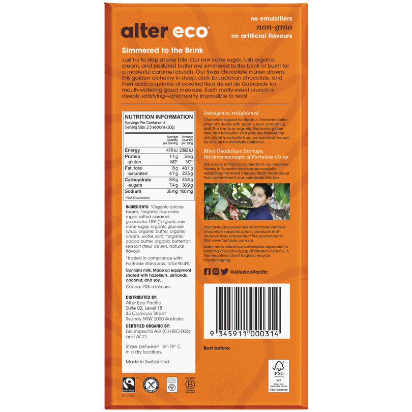 Alter Eco Organic 70% Dark Salted Burnt Caramel Chocolate | Harris Farm Online