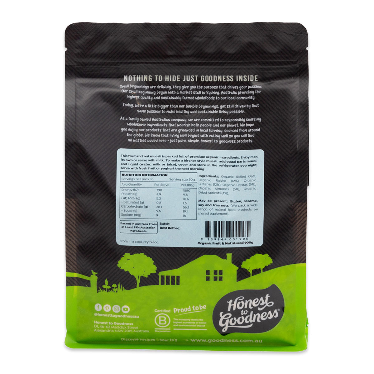 Honest to Goodness Organic Fruit and Nut Muesli 900g | Harris Farm Online