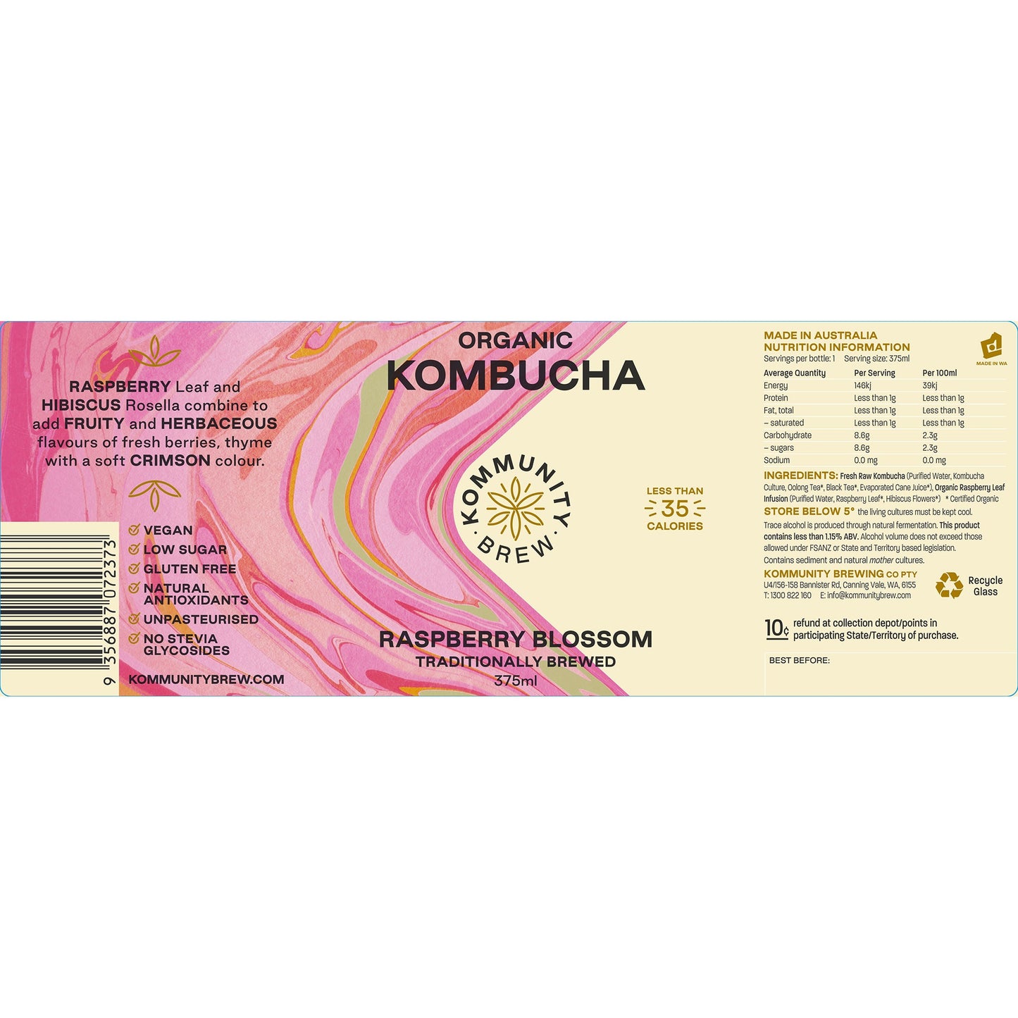 Kommunity Brew Organic Kombucha Raspberry Blossom | Harris Farm Online