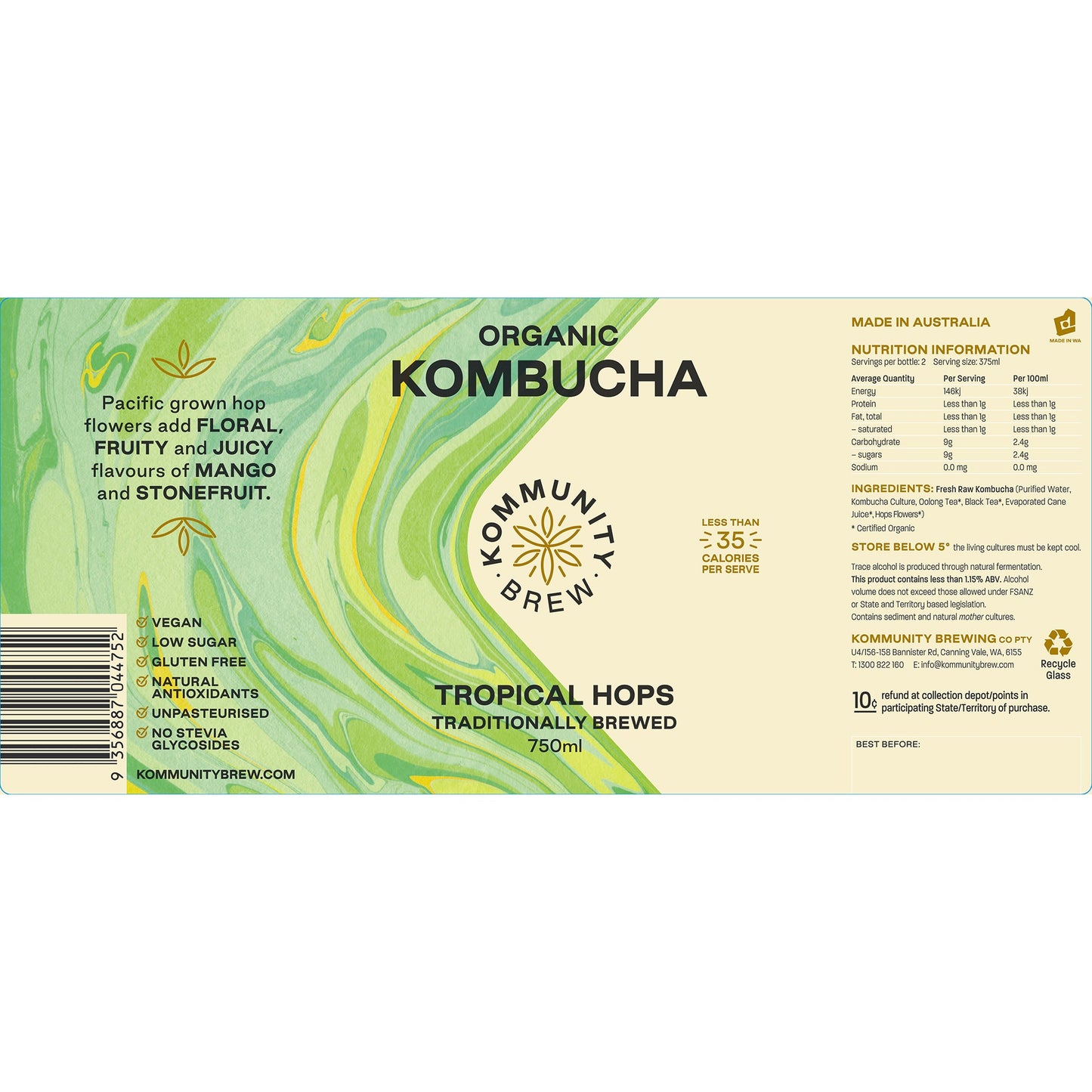 Kommunity Brew Organic Kombucha Tropical Hops | Harris Farm Online