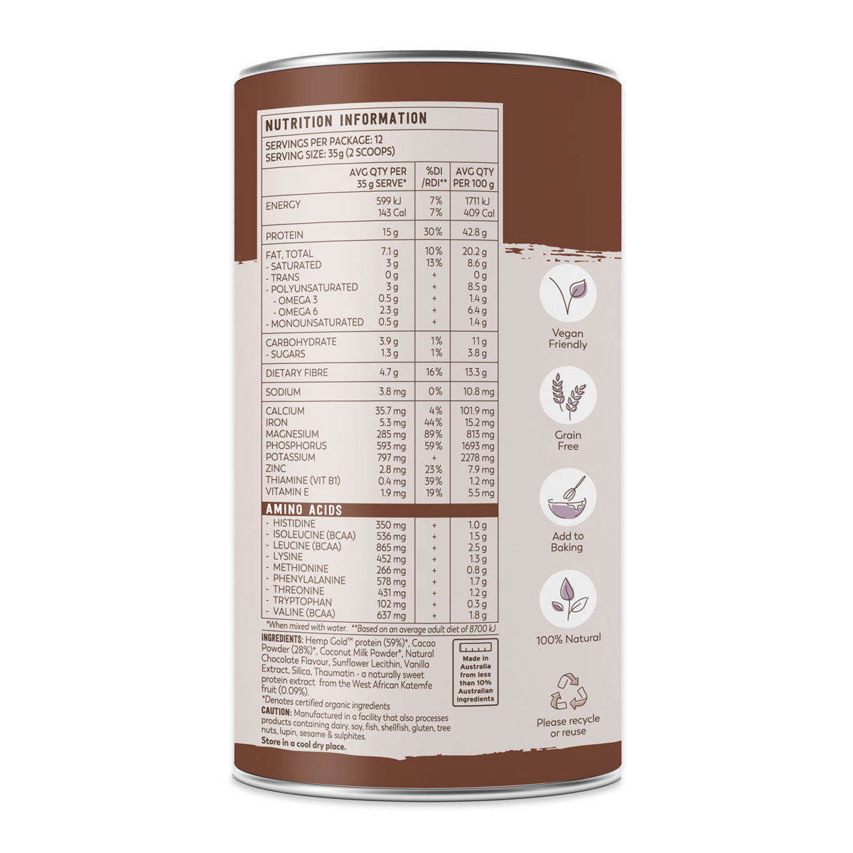 Essential Hemp Organic Protein Powder Chocolate 420g | Harris Farm Online