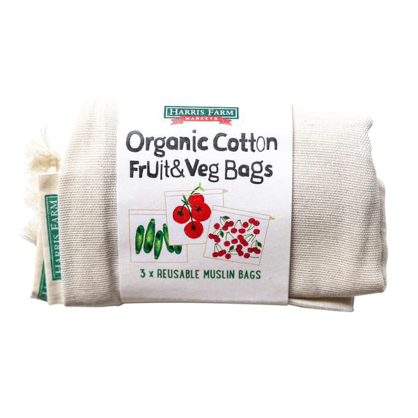 Harris Farm Reusable Organic Cotton Muslin Fruit and Veg Bags x3