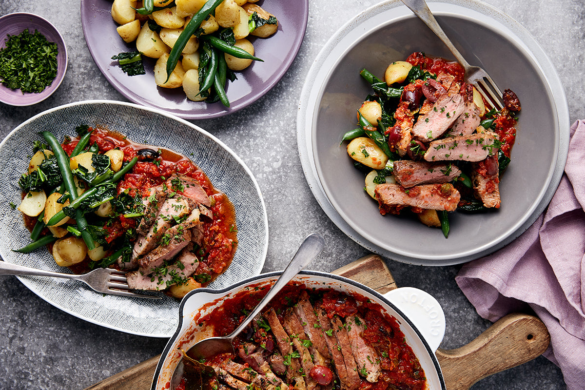 Puttanesca Pork Steaks - with Green Beans and Chat Potatoes