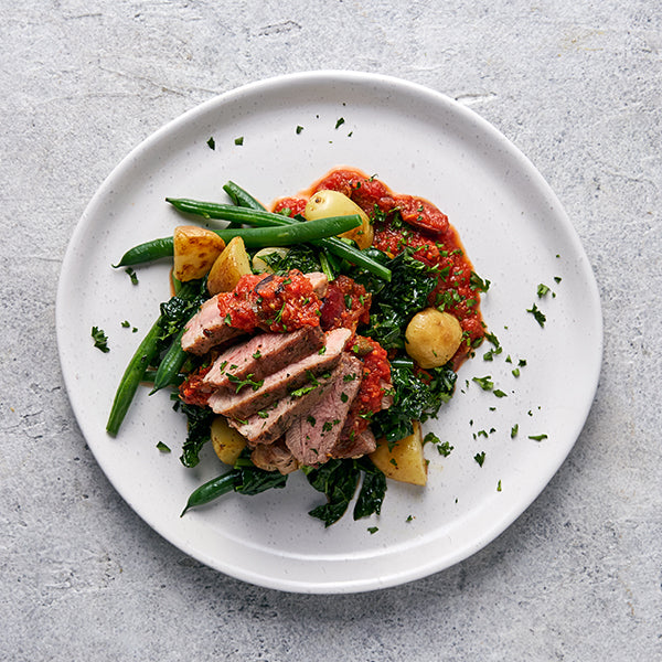 Puttanesca Pork Steaks - with Green Beans and Chat Potatoes