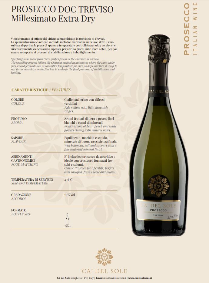 Ca' Del Sole Prosecco Millesimato Extra Dry Soligo Italy 750ml