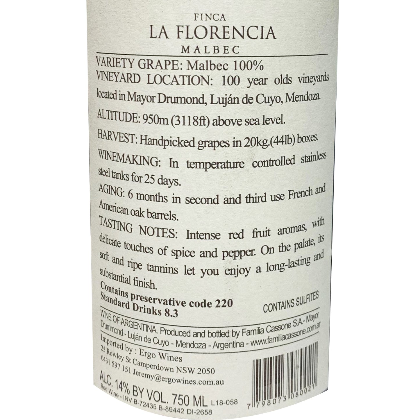 Familia Cassone Malbec Finca La Florencia Mendoza Argentina Case 12x750ml