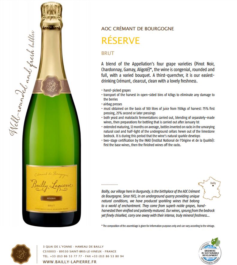 Bailly Lapierre - Re'serve Brut Sparkling - Cre'mant de Bourgogne, France | Harris Farm Online