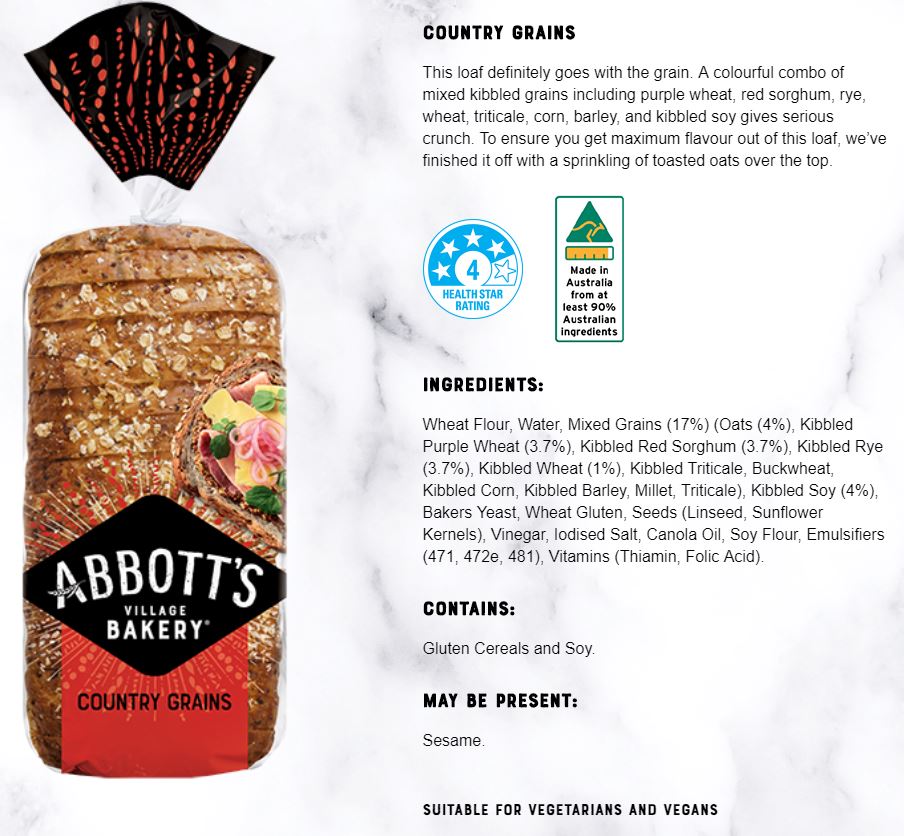 Abbotts Bakery Country Grains 800g