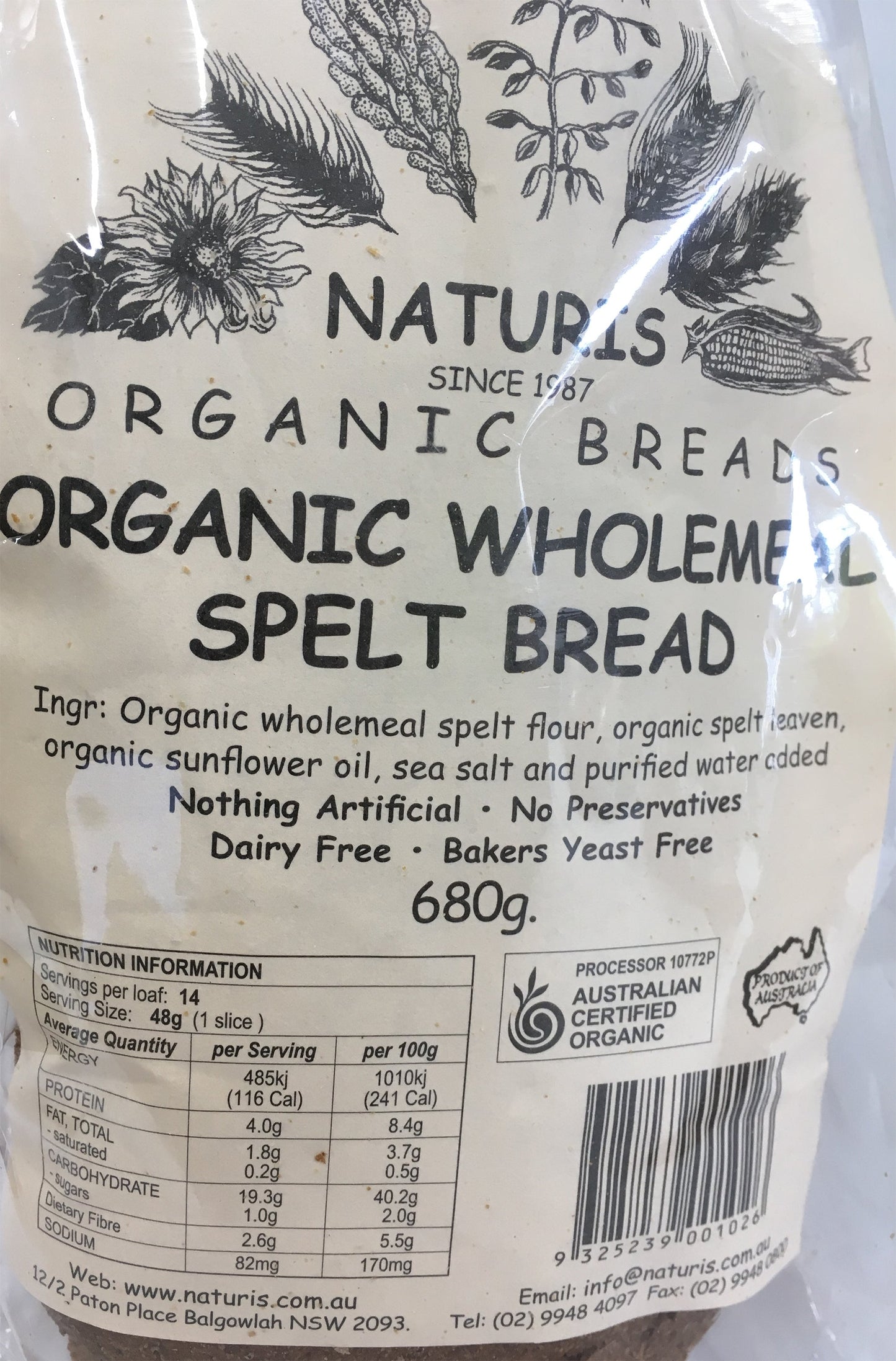 Naturis Organic Breads Wholemeal Spelt Loaf 680g