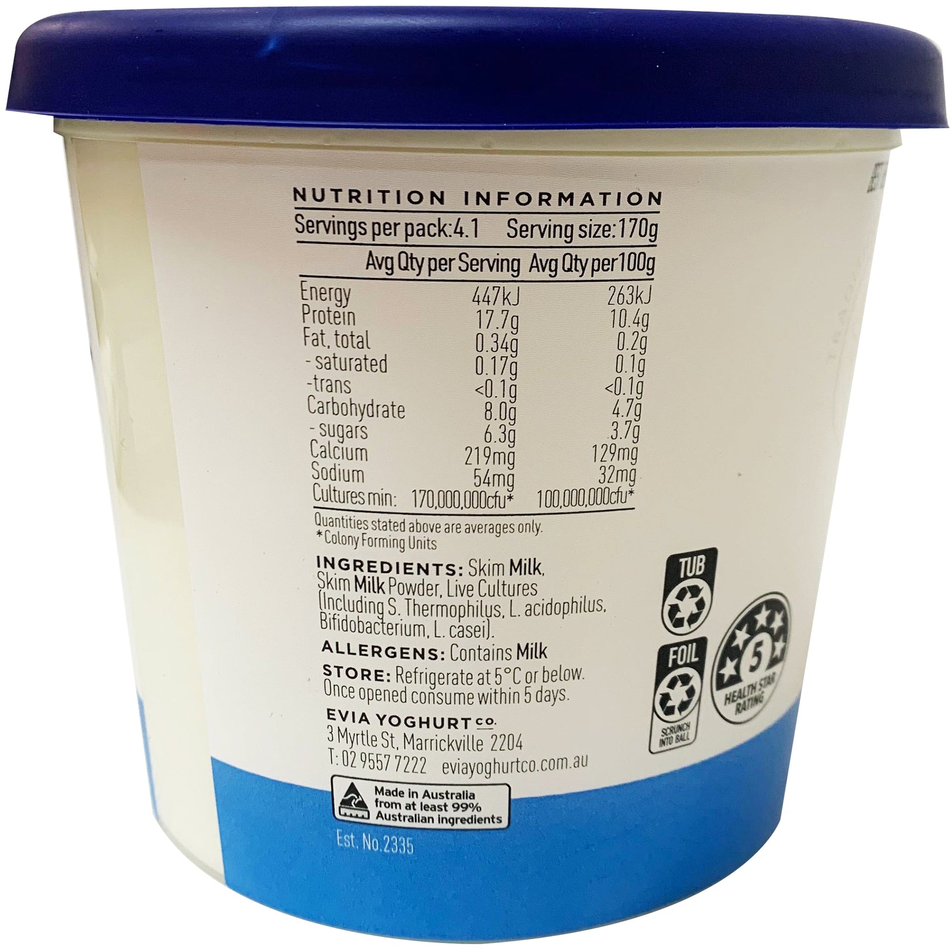 Evia Greek Strained Yoghurt Skim Natural | Harris Farm Online