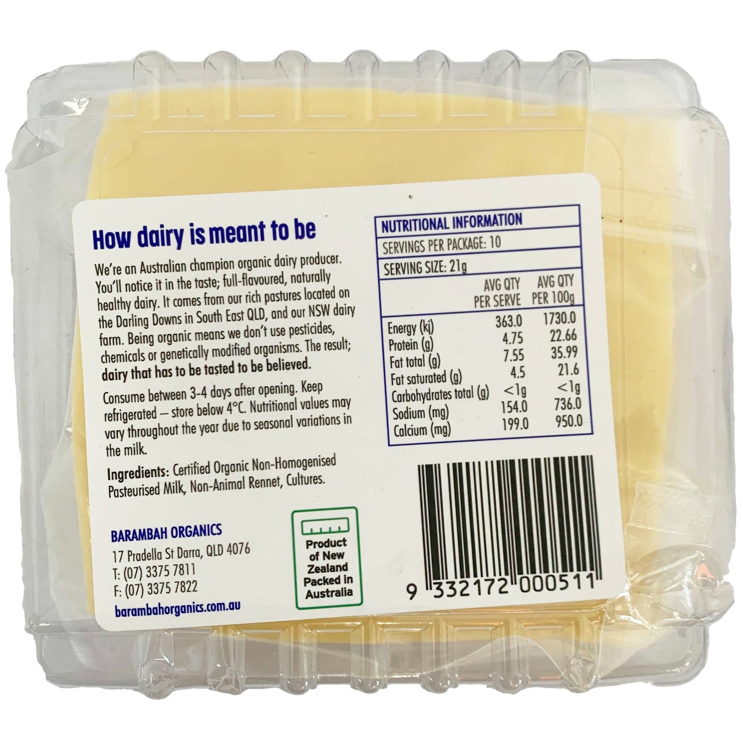 Barambah Organics Tasty Cheddar Sliced | Harris Farm Online