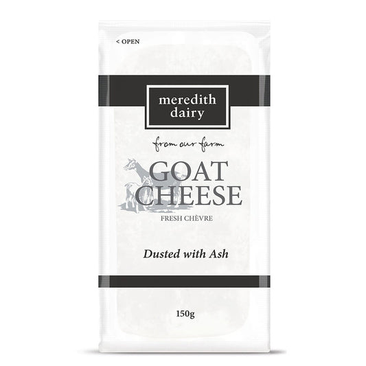 Meredith Dairy - Goat Cheese - Fresh Che'vre - Dusted with Ash Dusting with Ash helps to balance acidity and harmonise flavour while preserving the beautiful creamy interior of fresh Goat Cheese. | Harris Farm Online