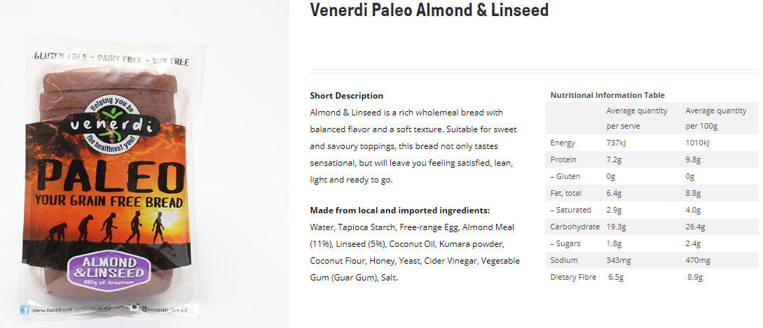 Venerdi - Bread Paleo - Almond & Linseed | Harris Farm Online