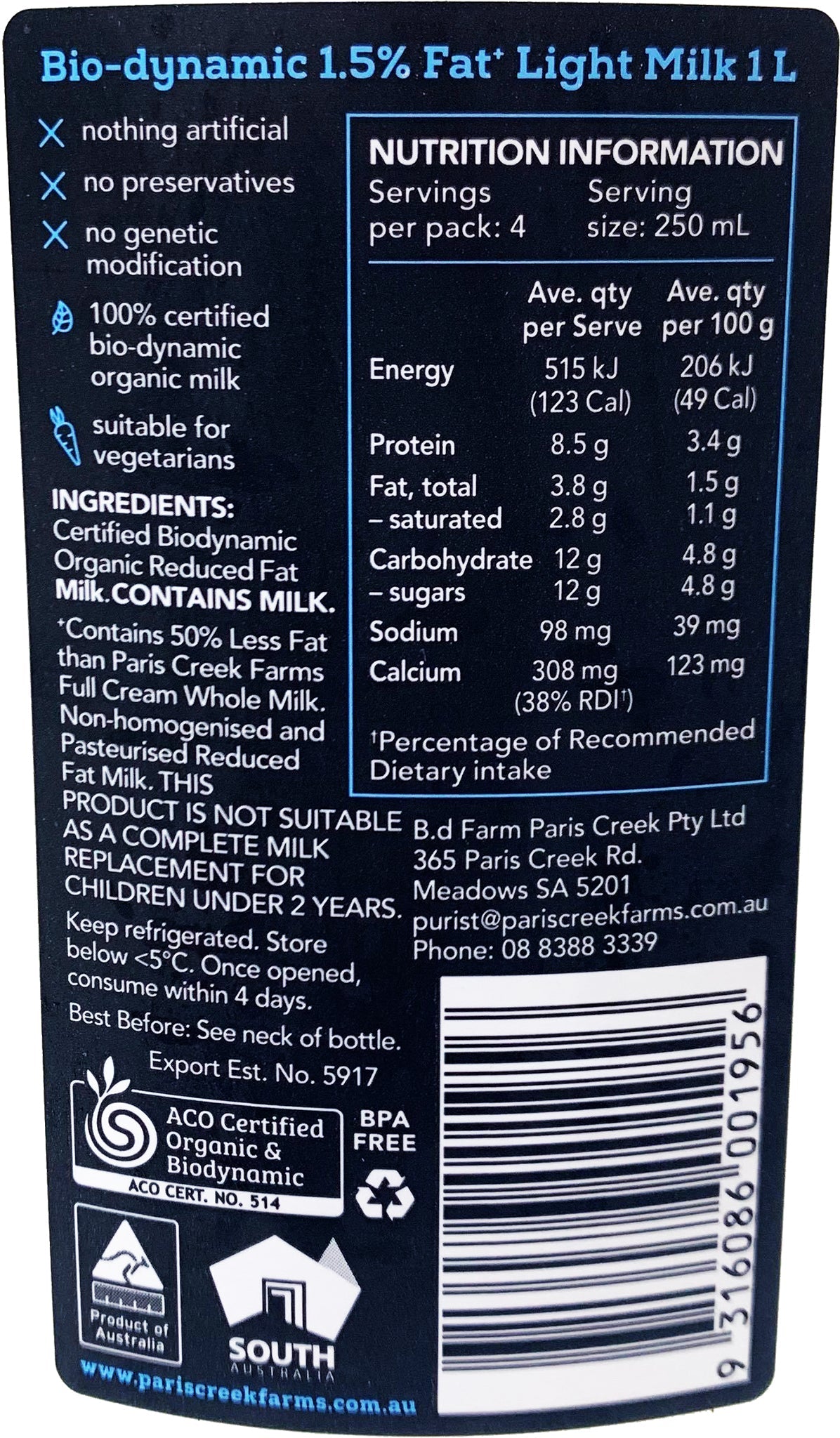 Paris Creek Farms Organic Dairy Bio-Dynamic Light Non-Homogenised Milk 1L