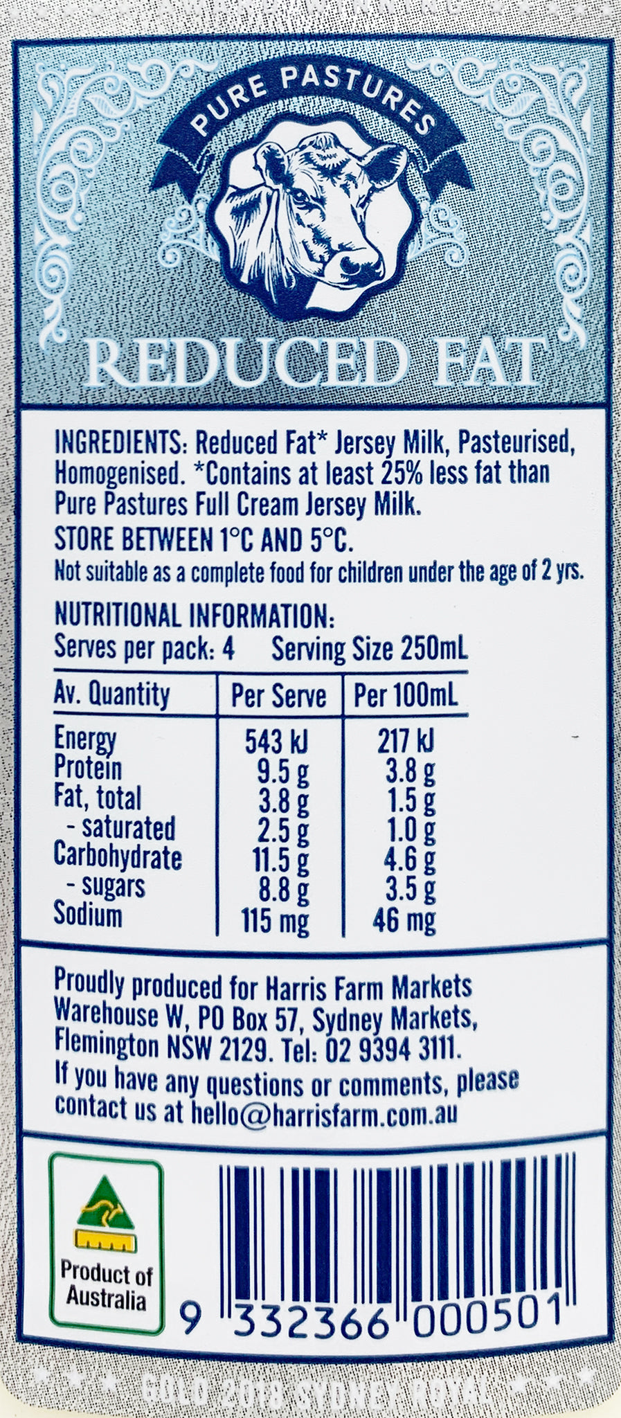 Pure Pastures Jersey Milk Reduced Fat | Harris Farm Online