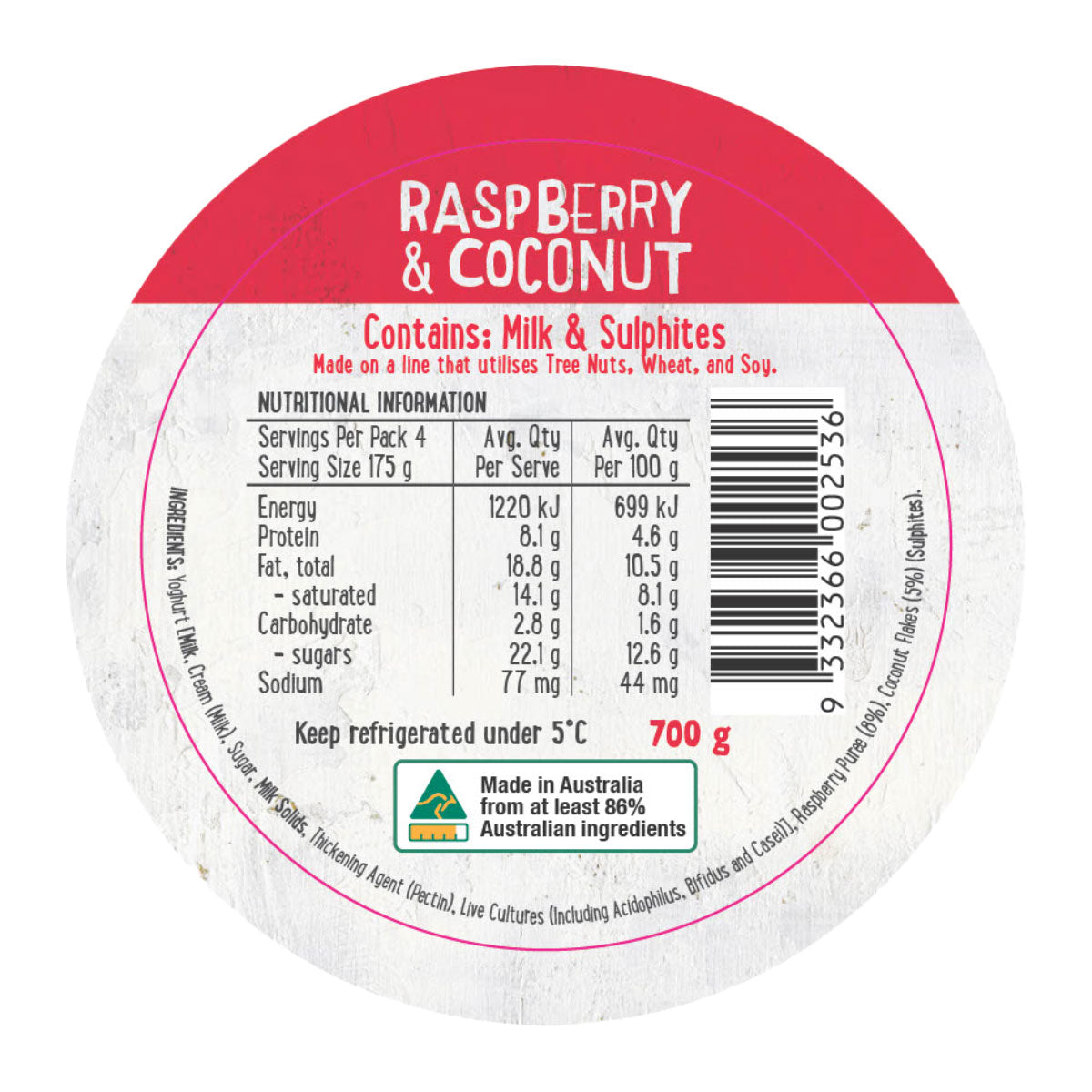 Harris Farm Yoghurt Raspberry and Coconut 700g