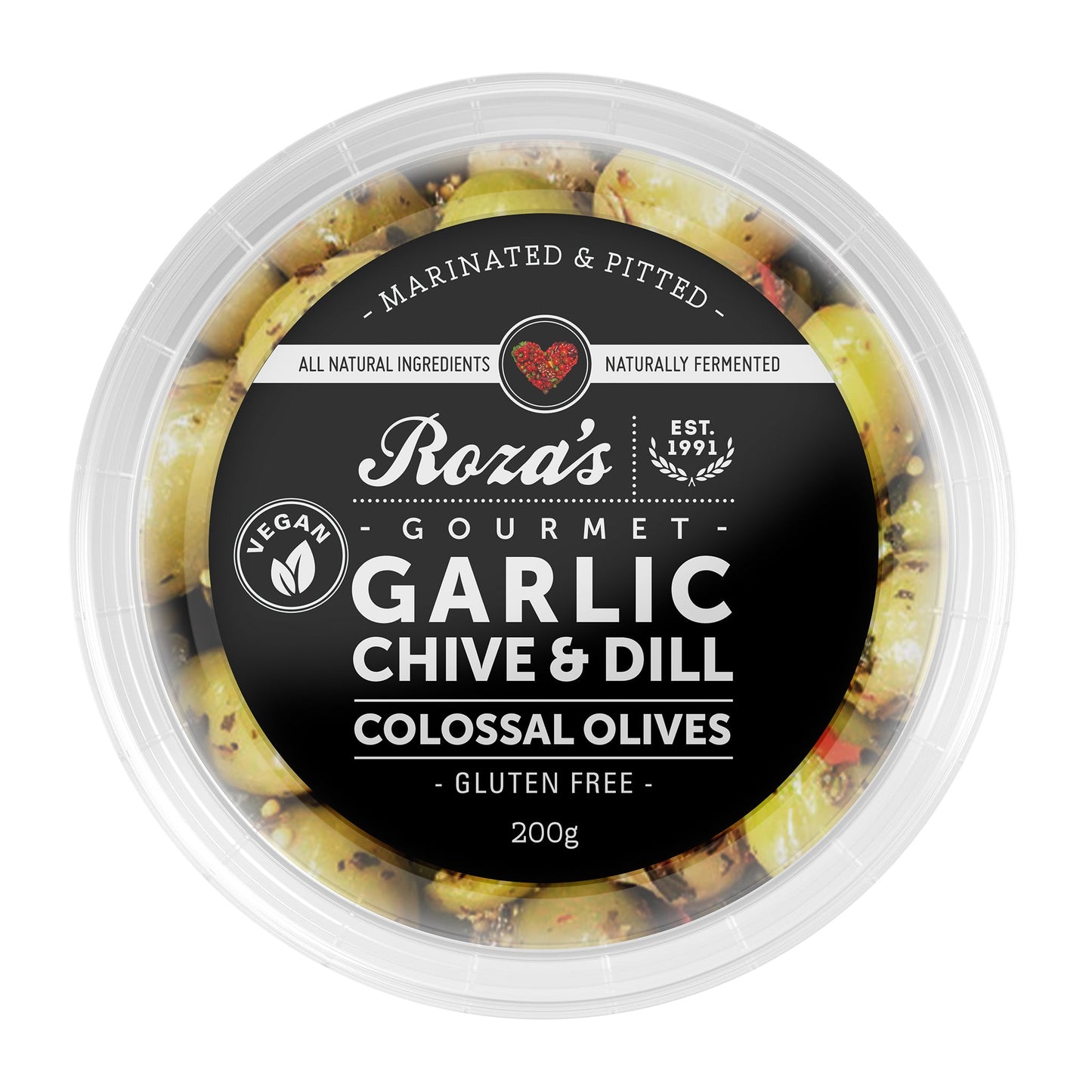 Roza's Gourmet - Colossal Olives - Garlic Chive & Dill | Harris Farm Online