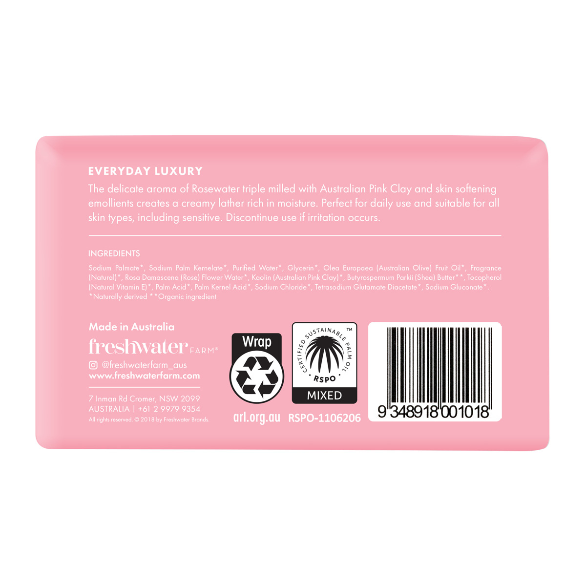 Freshwater Farm Rosewater and Pink Clay Soap 200g