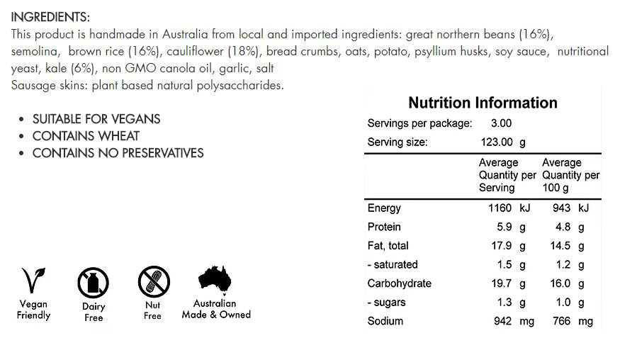 Suzy Spoons - Vegetable Sausages - Kale & Cauliflower | Harris Farm Online