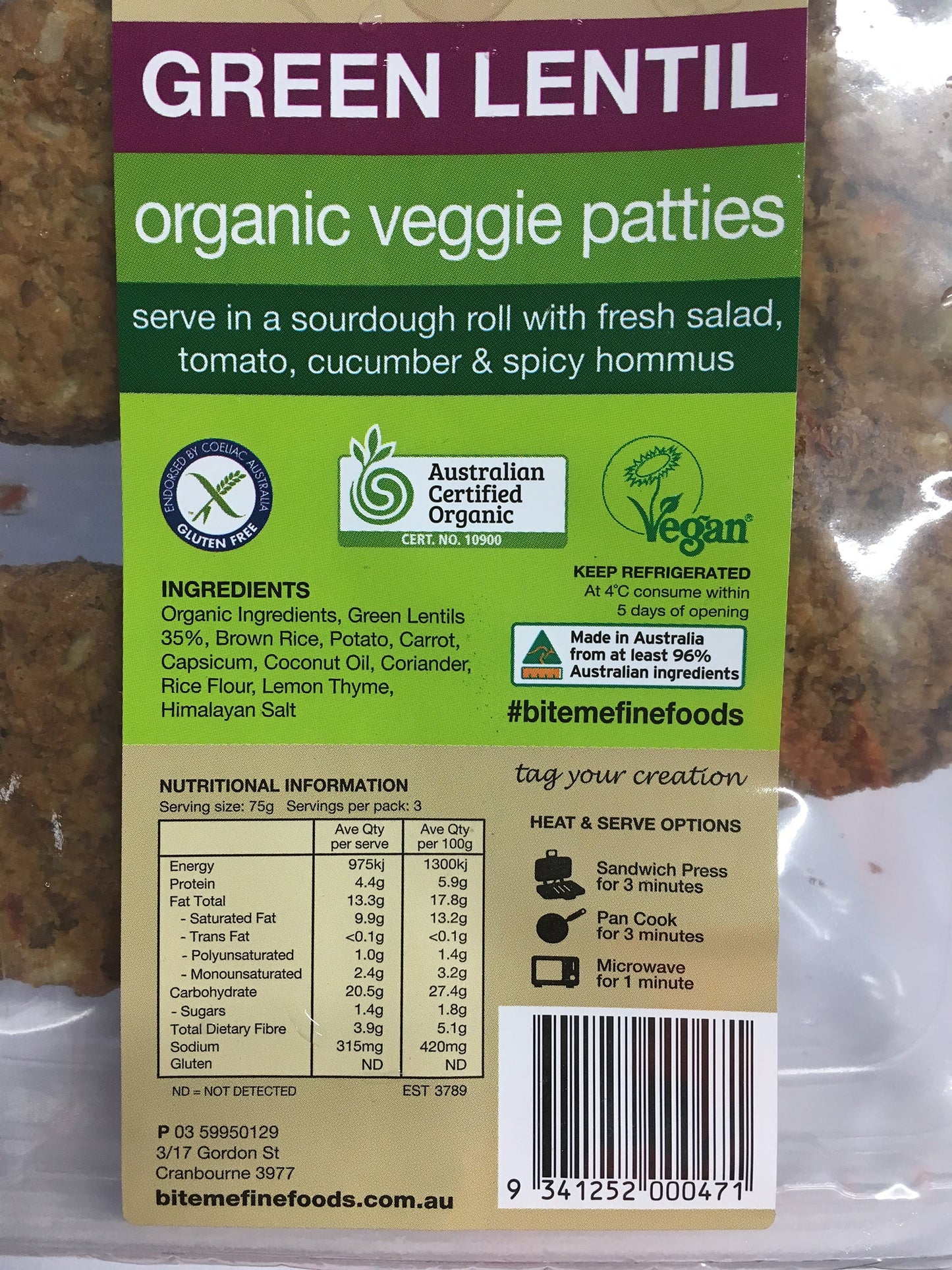 Bite Me Fine Foods Organic Veggie Patties Green Lentil 225g