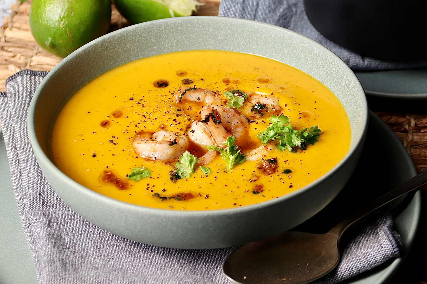 Southeast Asian Style Pumpkin Soup - with Garlic Prawns