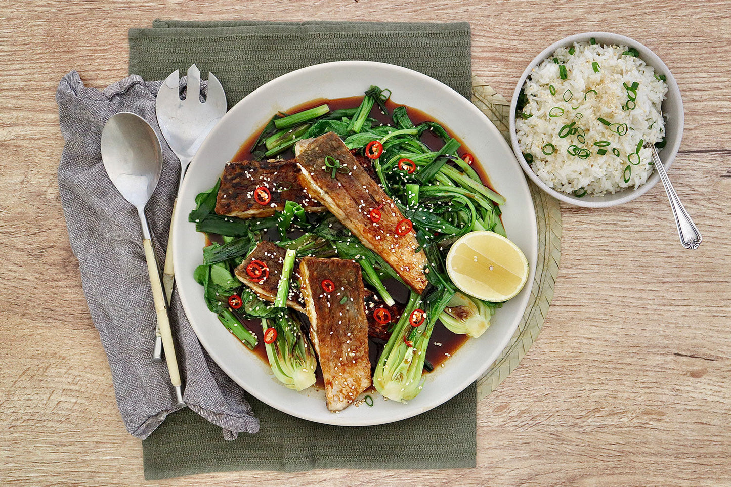 Crispy Skin Barramundi Teriyaki - with Asian Greens and Sticky Rice | Harris Farm Online