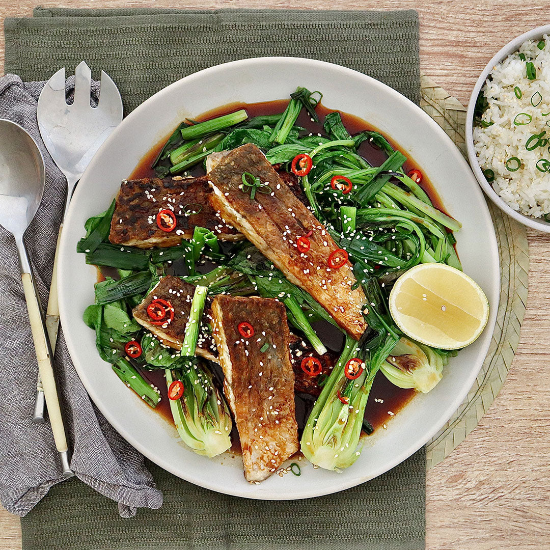 Crispy Skin Barramundi Teriyaki - with Asian Greens and Sticky Rice | Harris Farm Online