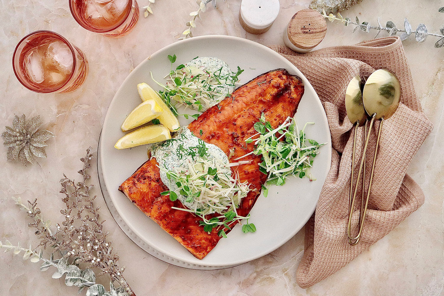 Sweet Chilli Soy Baked Salmon - with Kolhrabi Salsa and Yoghurt Dressing | Harris Farm Online