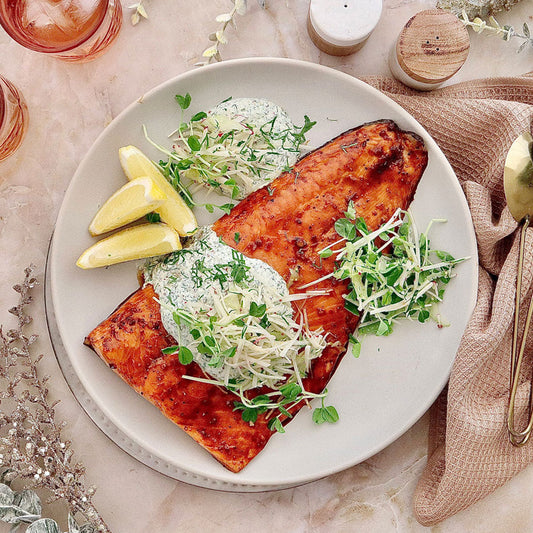 Sweet Chilli Soy Baked Salmon - with Kolhrabi Salsa and Yoghurt Dressing | Harris Farm Online