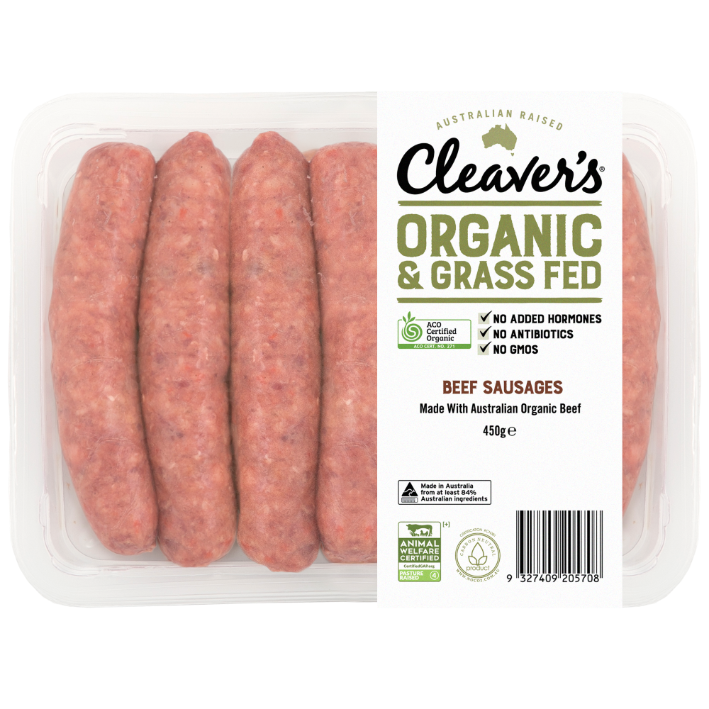 Cleaver's Organic Free Range and Grass Fed Beef Sausages 450g