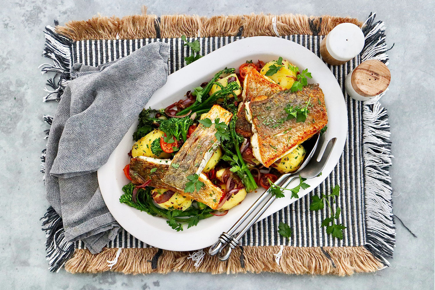 Crispy Skin Barramundi - with Potatoes Olive and Tomato Salad | Harris Farm Online