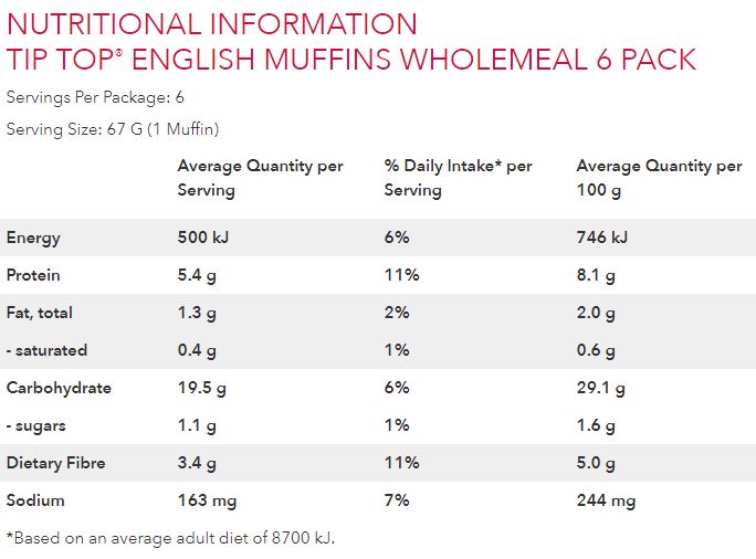 Tip Top English Muffins Wholemeal x6 400g