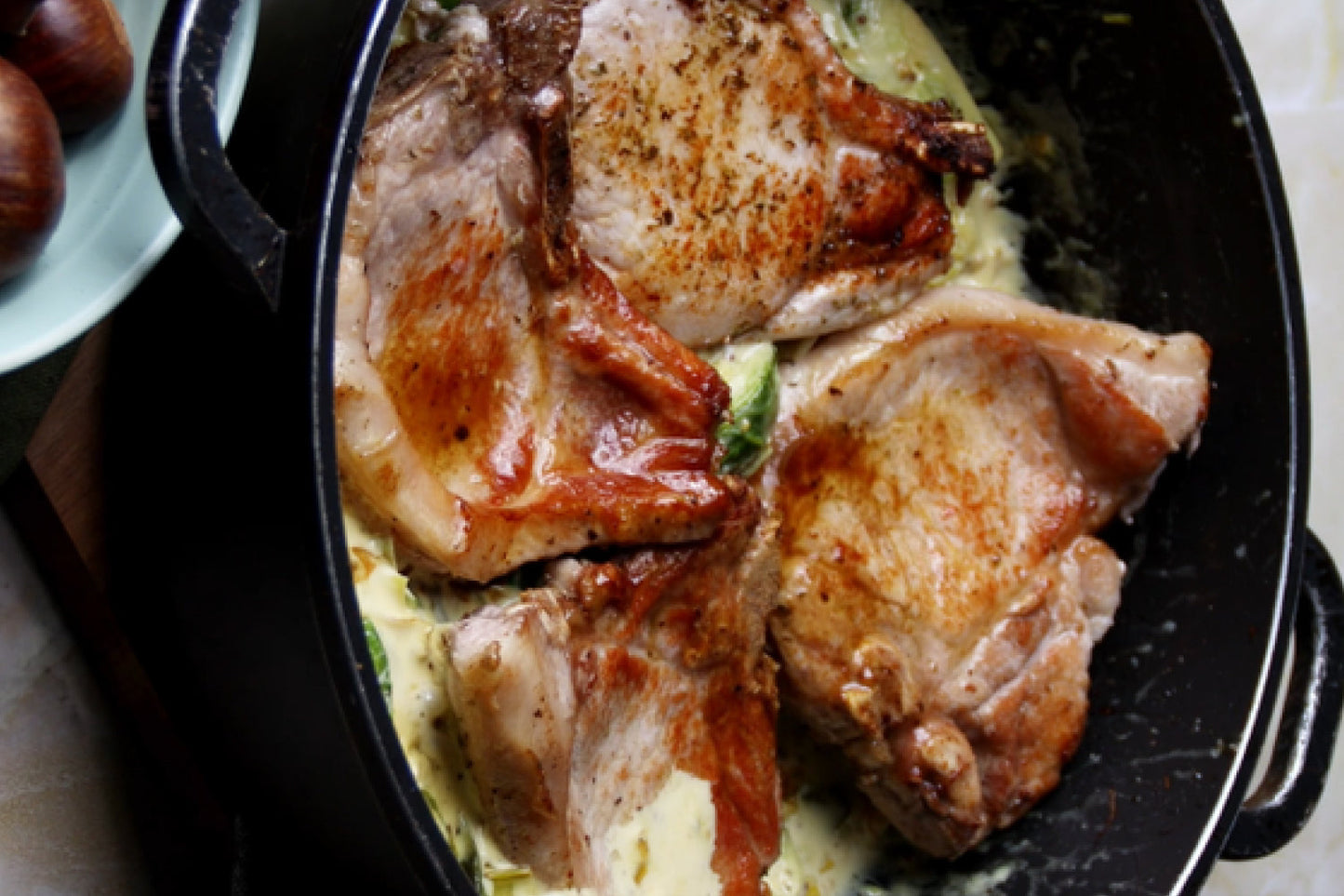 Pork Chops - with Chestnuts Brussels Sprouts and Mustard Cream