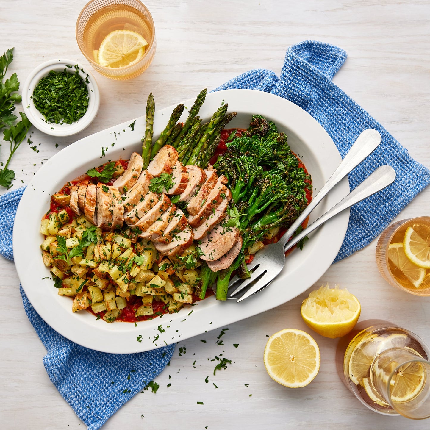 Italian Olive & Tomato Pork Fillet - with Roasted Potatoes and Pan-Fried Asparagus