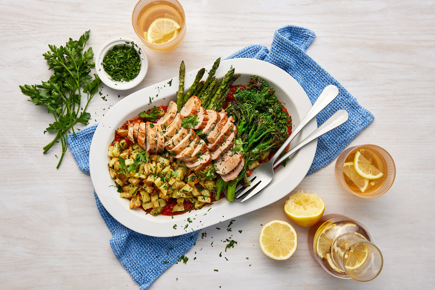 Italian Olive & Tomato Pork Fillet - with Roasted Potatoes and Pan-Fried Asparagus